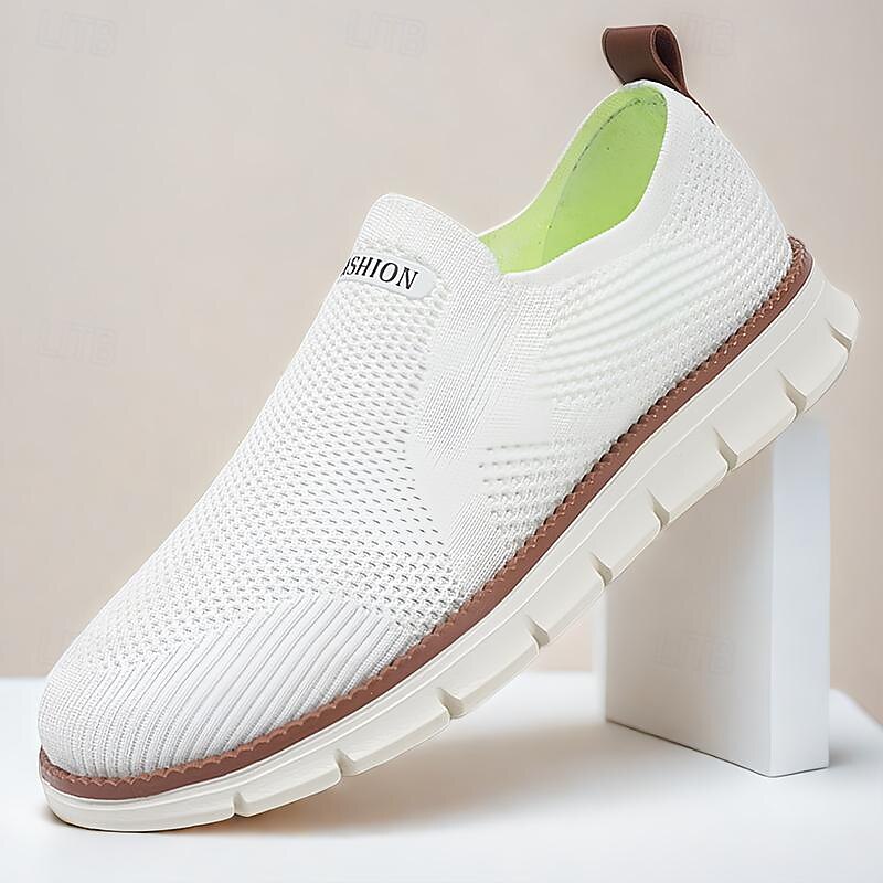 Men's White Slip-On Breathable Knit Sneakers with Lightweight Sole - Casual Walking Shoes for Summer and Everyday Wear
