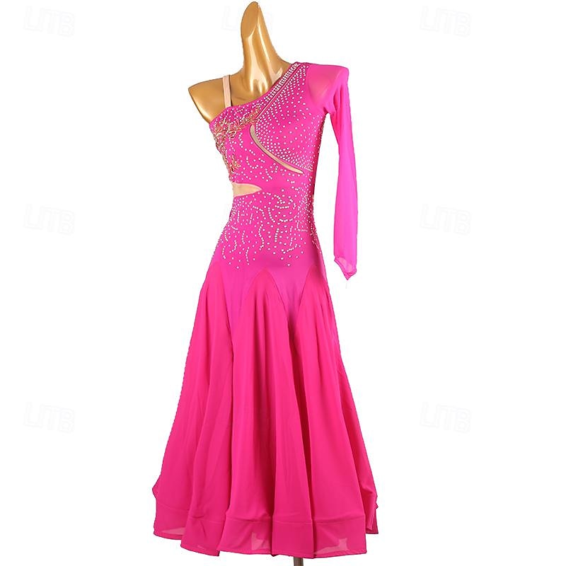 Ballroom Dance Dress Rhinestone Women's Performance Training Long Sleeve High Chiffon Chinlon Tulle3