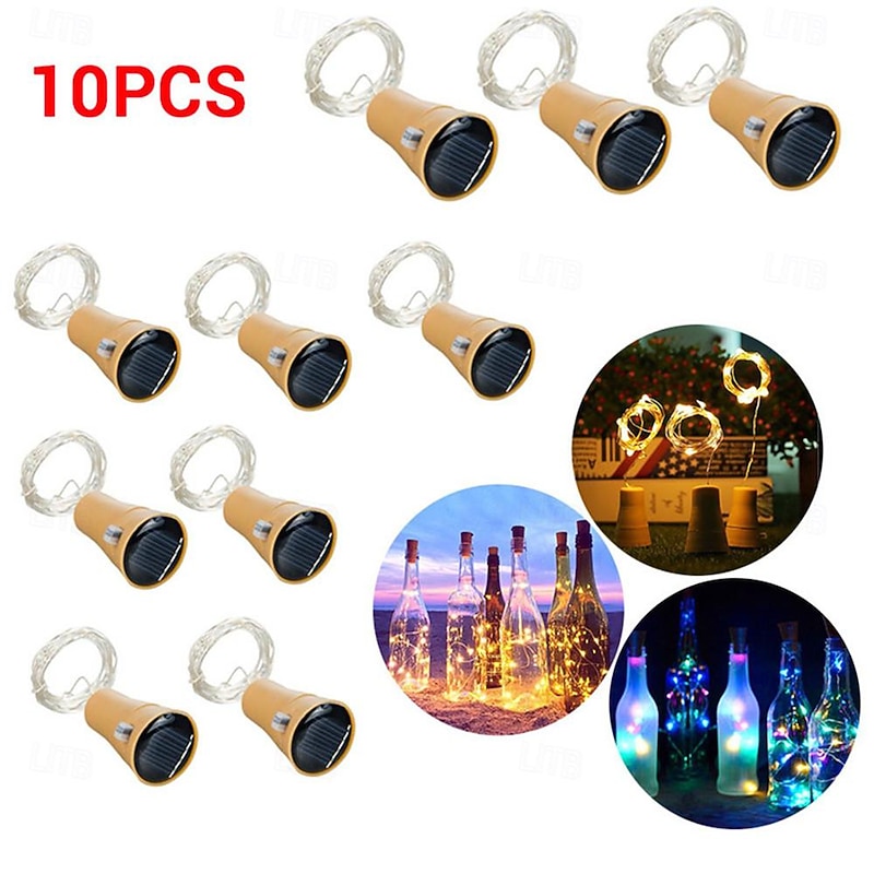 10Pcs Solar Wine Bottle Lights Outdoor Cork Shape Fairy Lights Garland Christmas Light Copper Wire Home Room Decoration Lamp 2m 1m2