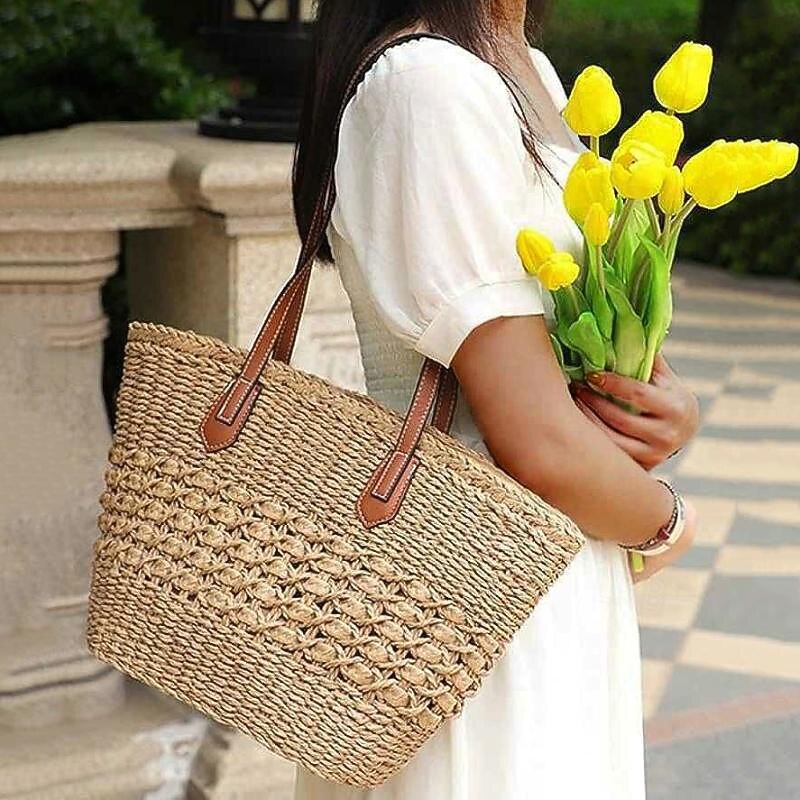 Women's Tote Beach Bag Straw Bag Straw Outdoor Holiday Beach Zipper Large Capacity Solid Color off white khaki3