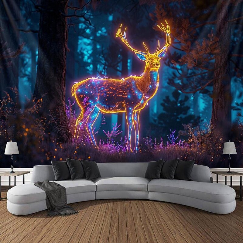Blacklight Tapestry UV Reactive Glow in the Dark Glow Party Neon Forest Reindeer Psychedelic Trippy Misty Hanging Tapestry Wall Art Mural for Living Room Bedroom4