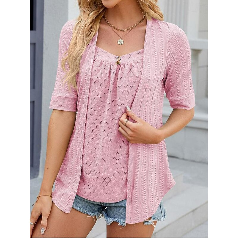Women's Lace Shirt Dressy Tops Short Sleeve Crew Neck Going out Lace White Pink Fuchsia Green Summer3