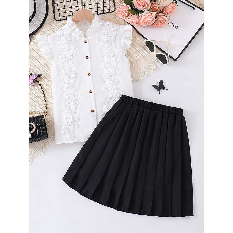 2 Pieces Kids Girls' Solid Color Crewneck Dress Suits Set Sleeveless Fashion School 7-13 Years Summer White2