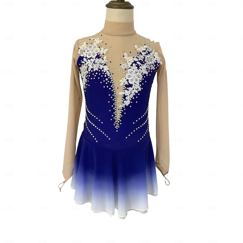 Figure Skating Dress Women's Girls' Ice Skating Dress Blue Fuchsia Thumbhole Halo Dyeing Mesh Spandex Stretchy Training Practice Professional Skating Wear Thermal Warm Classic Crystal / Rhinestone