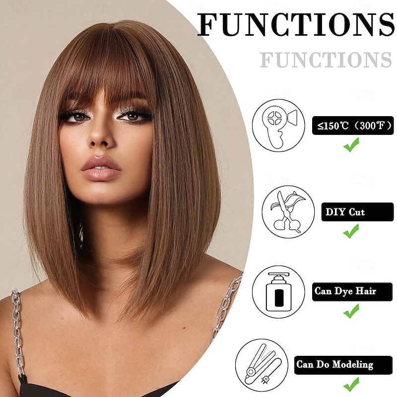 Black Dark Brown Blonde Auburn Bob Brown Wig with Bangs Natural Short Straight Wigs for Women Shoulder Length Synthetic Wigs for Daily Cosplay3