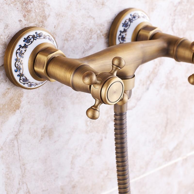 Shower Faucet Set - Handshower Included Vintage Style Antique Brass Mount Outside Brass Valve Bath Shower Mixer Taps3