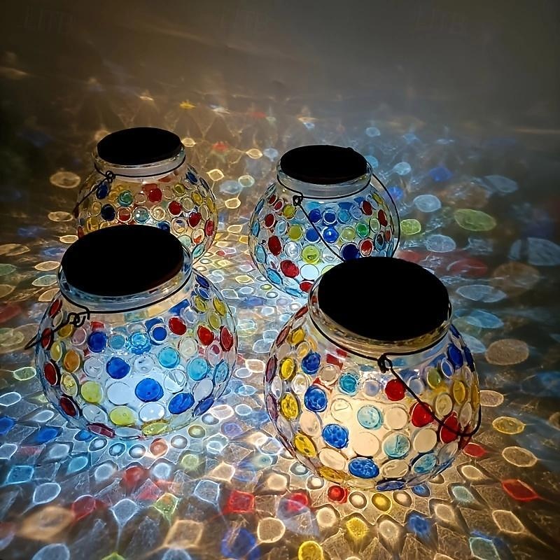 1pc Glass Solar Lantern Outdoor Solar Desk Lamp, Colorful Mosaic Glass Lamp, Outdoor Waterproof Outdoor Solar Light for Garden, Patio, Pathway, Balcony3