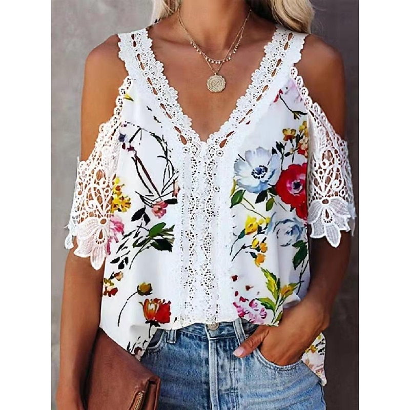 Women's Shirt Lace Shirt Blouse White Lace Shirt Casual Floral Lace Cut Out Print Short Sleeve Regular Tops V Neck Vacation Daily White Yellow Red Summer2