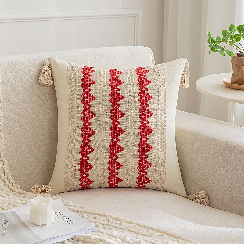 Throw Pillow Covers with Tassels for Farmhouse Living Room, Cotton & Burlap Textured Striped Woven Boho Pillow Covers (Beige & Brown, Single Striped)