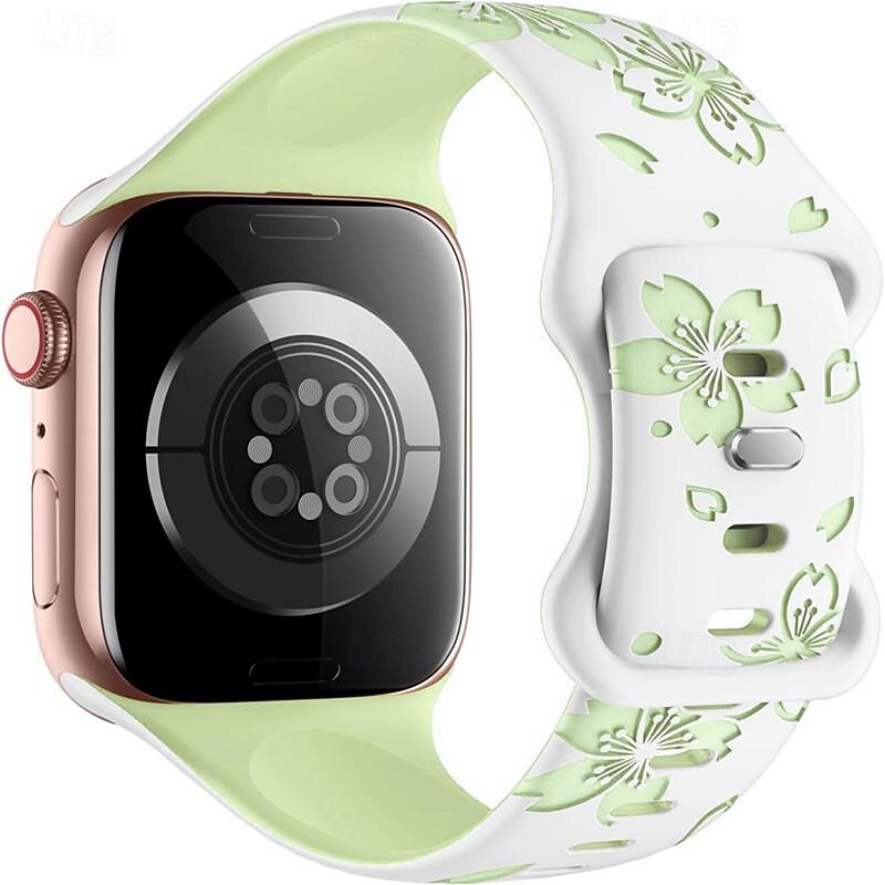 Flower Engraved Compatible with Apple Watch band 38mm 40mm 41mm 42mm 44mm 45mm 49mm Rugged Butterfly Buckle Silicone Strap Replacement Wristband for iwatch Ultra 2 Series 9 8 7 SE 6 5 4 3 2 13