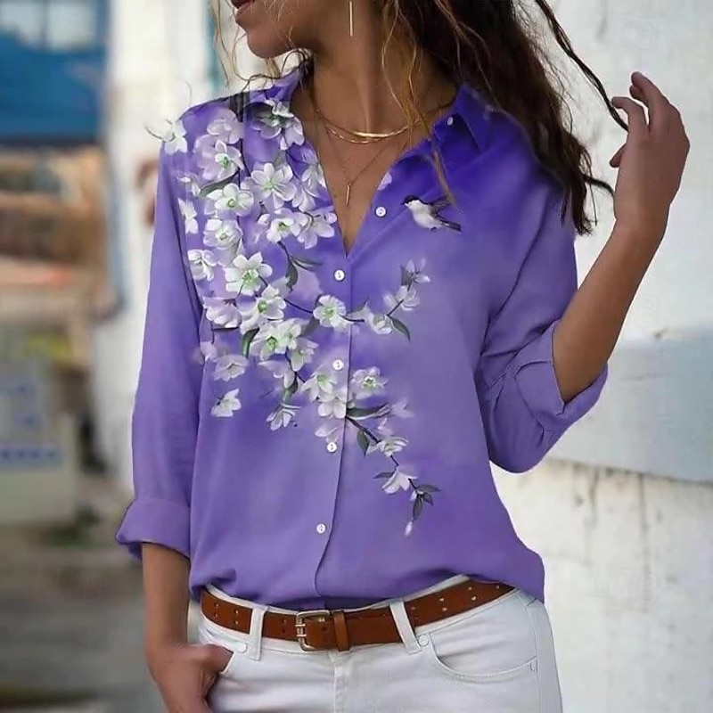 Women's Shirt Blouse Casual Floral Buttons Print Long Sleeve Regular Tops Shirt Collar Vacation Daily Yellow Pink Blue Purple Spring &  Fall3