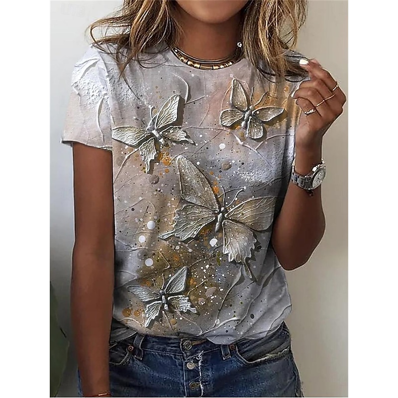 Women's T Shirt Butterfly Fashion Modern Short Sleeve Crew Neck Regular Tops Daily Print Yellow Pink Blue Sky Blue Summer