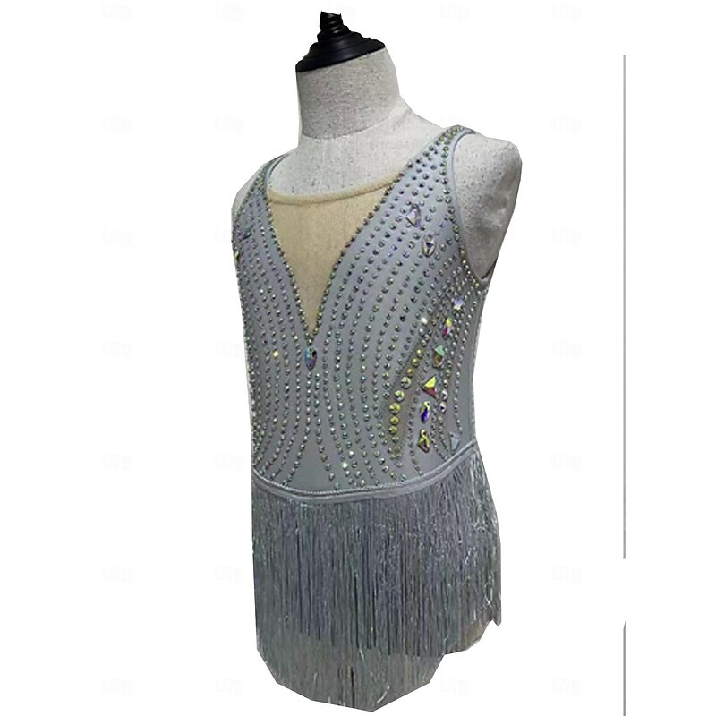 Figure Skating Dress Women's Girls' Ice Skating Dress Grey Tassel Mesh Spandex Micro-elastic Training Skating Wear Crystal / Rhinestone Sleeveless Ice Skating Figure Skating2