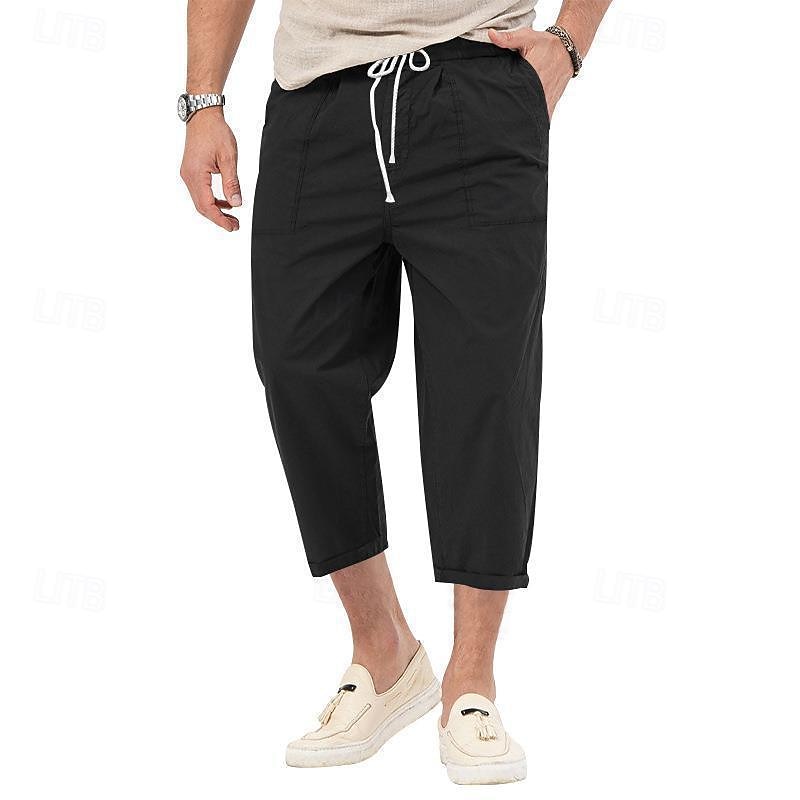 Men's Cropped Pants Beach Pants Casual Pants Pocket Drawstring Elastic Waist Plain Comfort Ankle-Length Sports Outdoor Daily Fashion Casual Black White Micro-elastic4