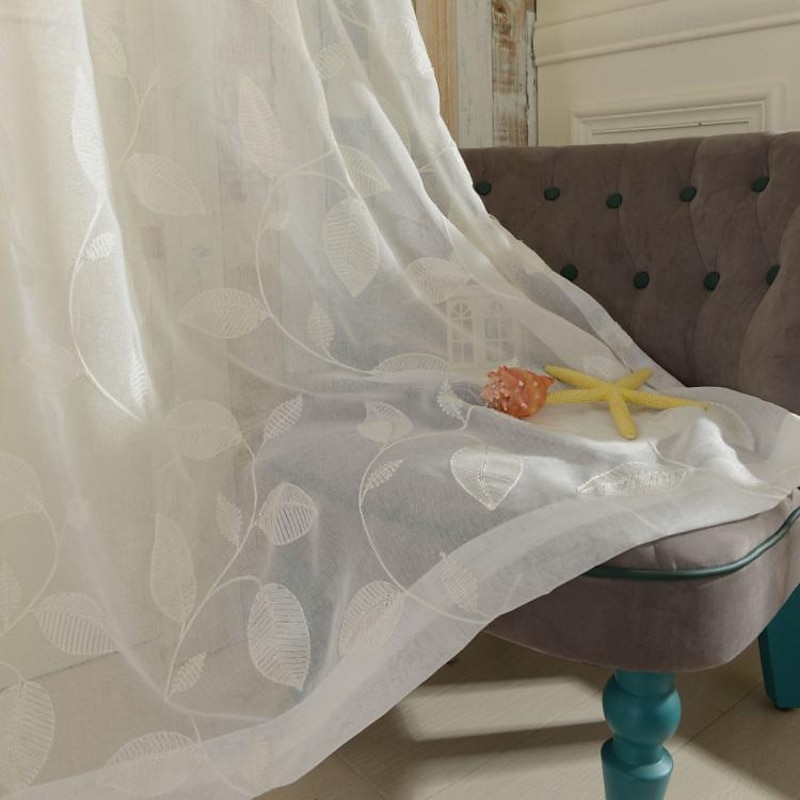 White Sheer Curtains Long Embroidered Semi Transparent Window Screen Leaves Sheer Curtains for Living Room Bedroom