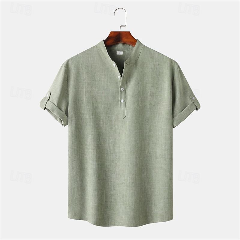 Men's Shirt Linen Shirt Chinese Collar Shirt Mandarin Collar Shirt Casual Shirt Cotton Shirt Plain Vacation Street Black Yellow Light Green Pink Short Sleeve Band Collar Summer Clothing Apparel 21