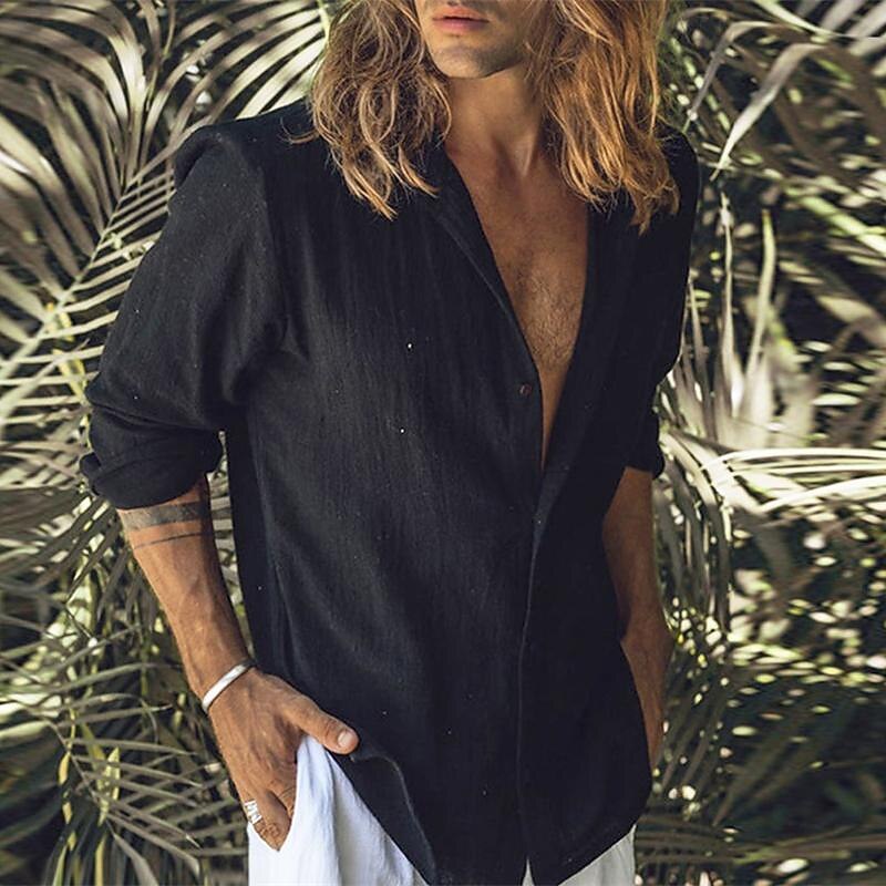 Men's Shirt Linen Shirt Casual Shirt Cotton Shirt Plain Vacation Street Black Short Sleeve Lapel Summer Clothing Apparel Button-Down