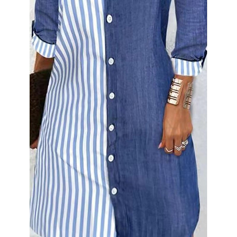 Women's Shirt Blouse Casual Color Block Striped Buttons Print Long Sleeve Long Tops Shirt Collar Vacation Daily Blue Spring & Summer3