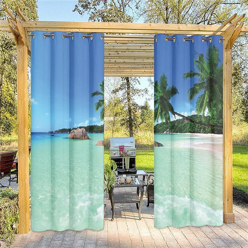 Waterproof Outdoor Patio Curtains Grommet Top, Extra Long, Light Blocking, Thermal Insulated, Ocean Beach Design - Privacy Protection Blackout Drapes for Front Porch, Sliding Door, Gazebos (2 Panels)3