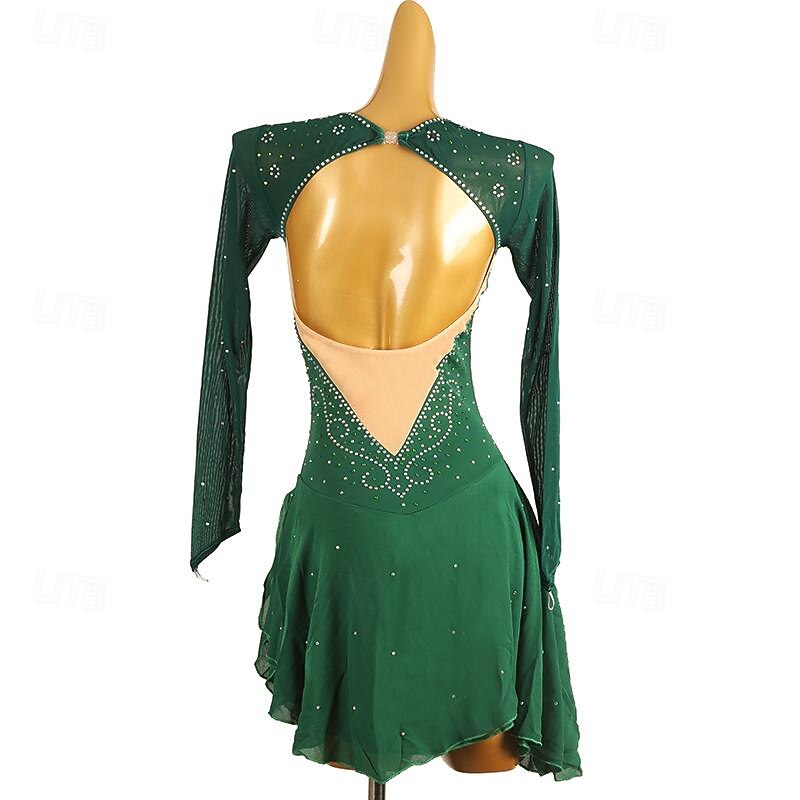 Figure Skating Dress Women's Girls' Ice Skating Dress Dark Green Patchwork Open Back Mesh High Elasticity Training Competition Skating Wear Classic Crystal / Rhinestone Long Sleeve Ice Skating Figure4