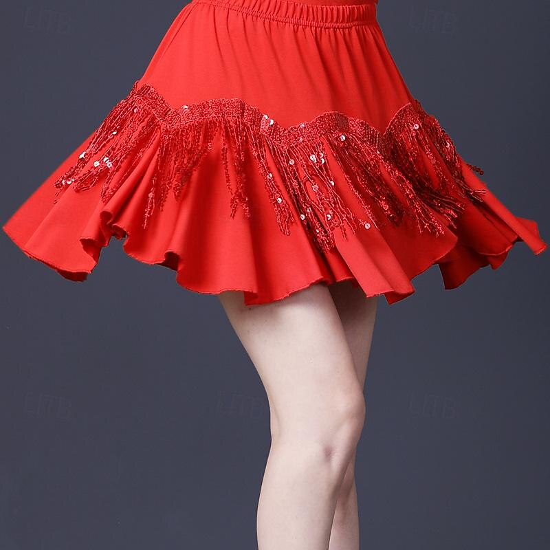 Latin Dance Ballroom Dance Skirts Tassel Pure Color Splicing Women's Performance Training High Polyester
