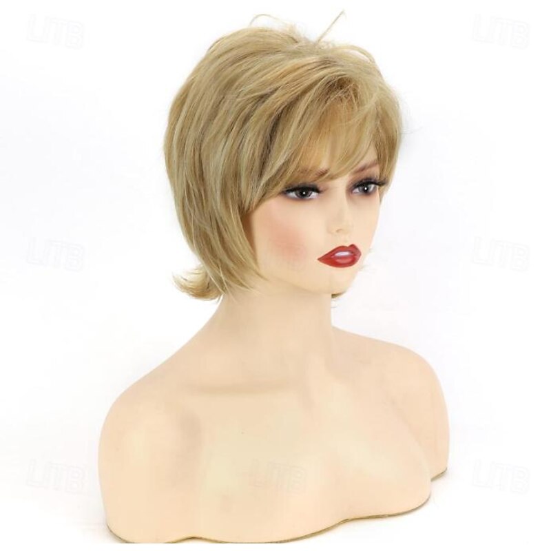 Short Pixie Wigs for Women Layered Synthetic Wig With Bangs Wig Short Synthetic Hair Brown Blonde Dark Brown Ombre Blonde3