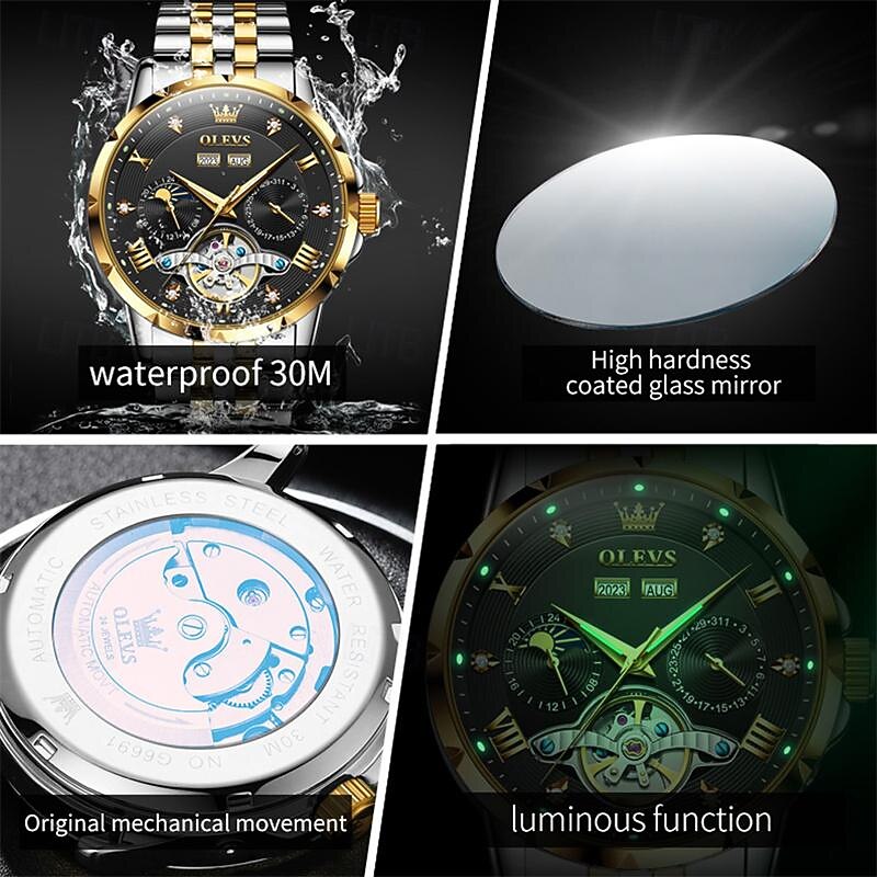 New Brand Olevs European Men'S Fashion Trend Business Watch Luminous Calendar 24-Hour Indication Week Multi-Functional Mechanical Watch Steel Band Waterproof Sports Casual Men'S Watch2