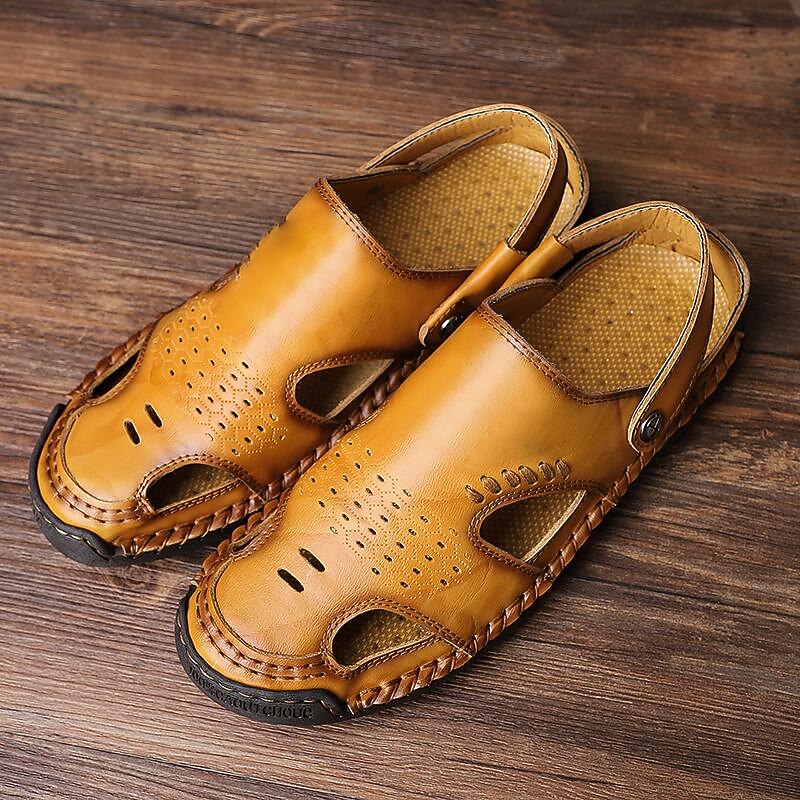 Men's Tan Faux Leather Outdoor Sandals with Adjustable Strap, Breathable Design, and Cushioned Sole for Comfort and Durability - Ideal for Summer Activities3