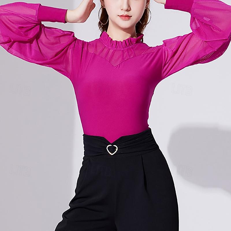 Ballroom Dance Activewear Top Printing Pure Color Splicing Women's Performance Training Long Sleeve High Polyester3