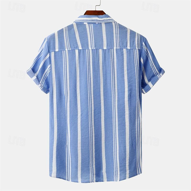 Men's Shirt Summer Shirt Casual Shirt Beach Shirt Button Up Shirt Striped Shirts Black Wine Navy Blue Sky Blue khaki Short Sleeve Stripes Lapel Vacation Hawaiian Clothing Apparel Cotton Fashion4