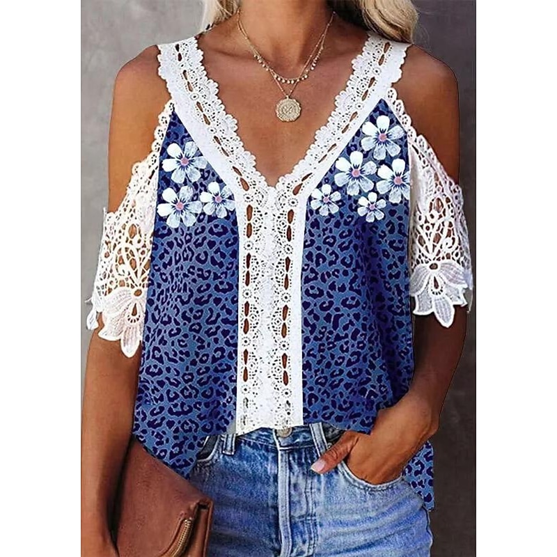Women's Shirt Lace Shirt Blouse White Lace Shirt Casual Floral Lace Cut Out Print Short Sleeve Regular Tops V Neck Vacation Daily White Yellow Red Summer4