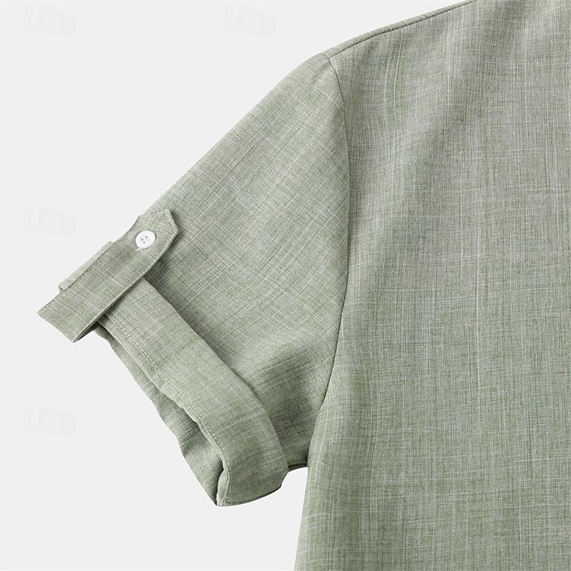 Men's Shirt Linen Shirt Chinese Collar Shirt Mandarin Collar Shirt Casual Shirt Cotton Shirt Plain Vacation Street Black Yellow Light Green Pink Short Sleeve Band Collar Summer Clothing Apparel 25