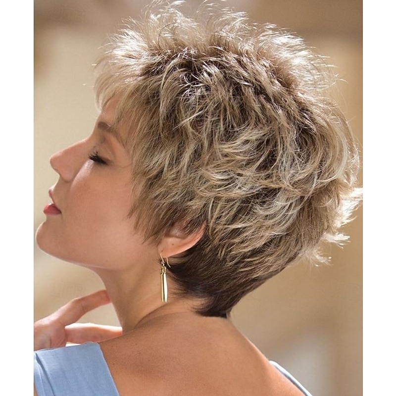 Wig Natural Wave Asymmetrical With Bangs Wig Short Golden Blonde Synthetic Hair Women's Classic Blonde Short Blonde Pixie Cut Wig2