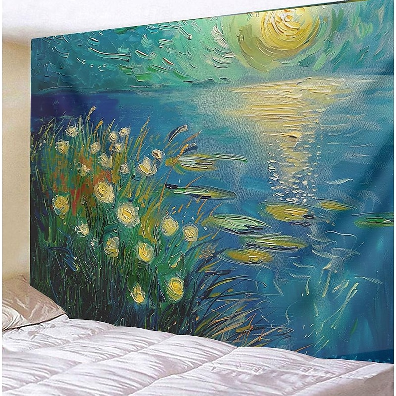 Oil Painting Lotus Hanging Tapestry Wall Art Large Tapestry Mural Decor Photograph Backdrop Blanket Curtain Home Bedroom Living Room Decoration 5