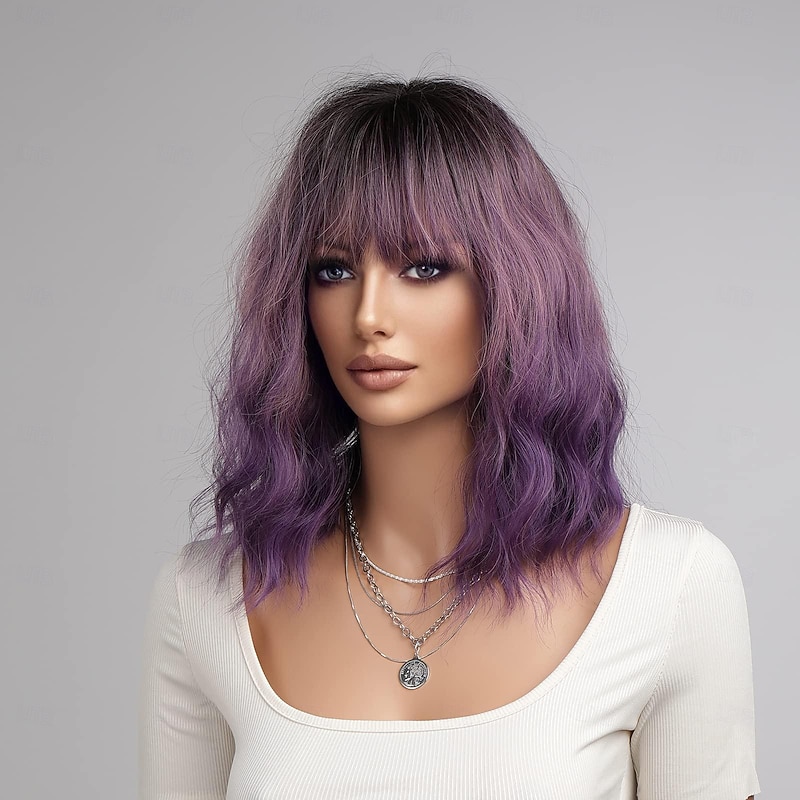 Grey Green Pink Blonde Purple Wig for Women Ombre Purple Bob Wig Mardi Gras Wigs Short Curly Wavy Black to Purple Wig with Bangs Synthetic Heat Resistant4