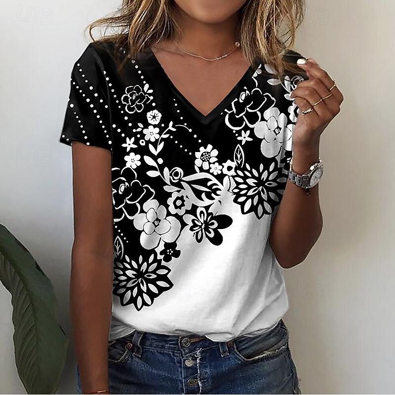 Women's T Shirt Floral Fashion Short Sleeve V Neck Regular Tops Vacation Weekend Print White Pink Blue Purple Green Summer3