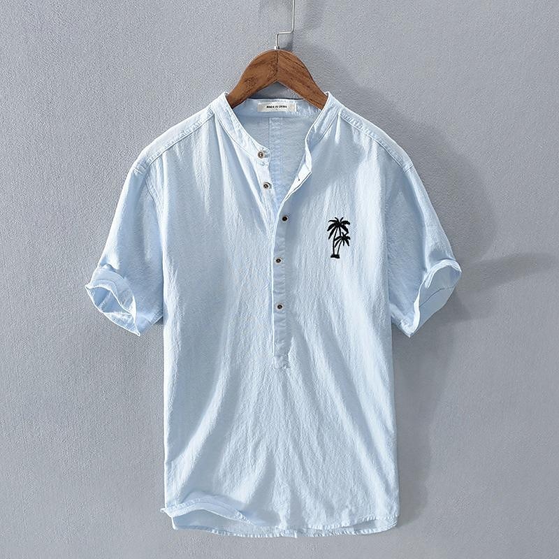 Men's Shirt Linen Shirt Cotton Linen Shirt White Cotton Shirt Minimalist Aloha Shirt Chinese Collar Shirt Coconut Tree Vacation Street White Navy Blue Gray Light Blue Short Sleeve Band Collar Summer4