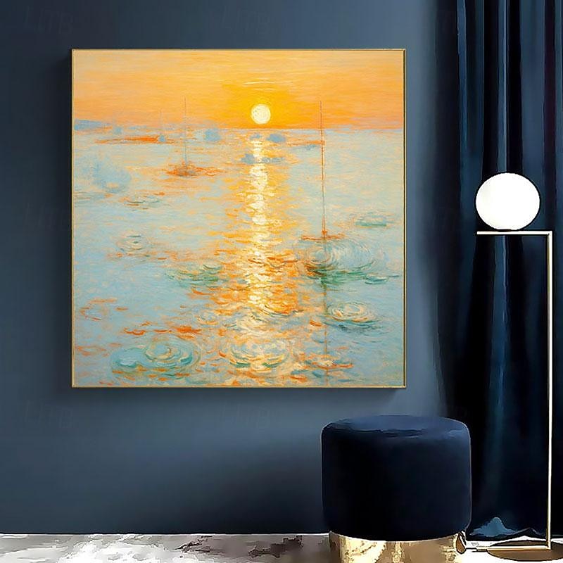 Monet Impressionist Landscape Sunrise On The Sea Hand-painted Oil Painting Cream Style Living Soom Decoration Picture Entrance Square Hanging Paintings (No Frame)4