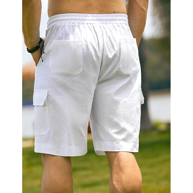 Men's Shorts Linen Shorts Summer Shorts Beach Shorts Drawstring Elastic Waist Multi Pocket Plain Knee Length Party Beach Hawaiian Casual White Khaki Inelastic3