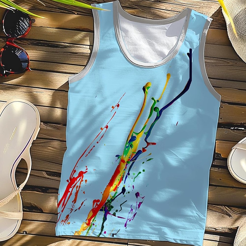 Men's Splash Ink Tank Top Vest Top Sleeveless T Shirt for Men Sleeveless T shirt 3D Print Crew Neck Shirt Sports Fashion Daily Sports Outdoor Casual Gym White Blue Summer Spring Clothing Apparel S M4