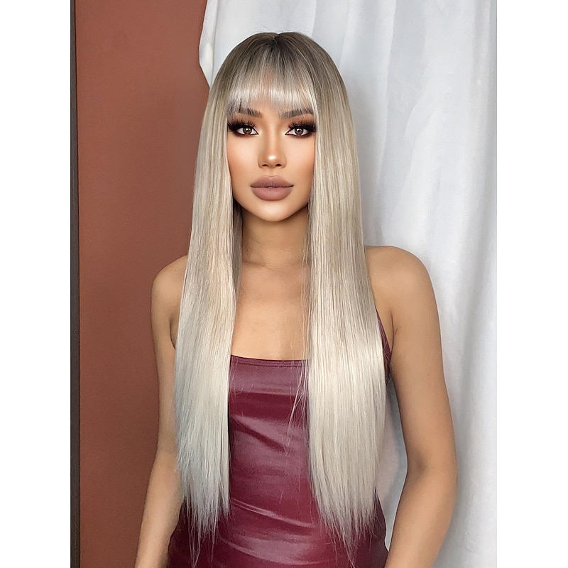 Synthetic Wig Uniforms Career Costumes Princess Straight kinky Straight Middle Part Layered Haircut Machine Made Wig 28 inch Light Blonde Synthetic Hair 28 inch Women's Cosplay Party Fashion Blonde3