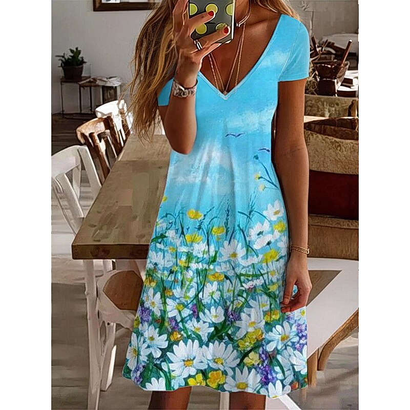 Women's Casual Dress Summer Dress Stylish Vacation Daily Date Regular Fit Ombre Marble Short Sleeve V Neck Light Yellow Pink Royal Blue Sky Blue Summer3
