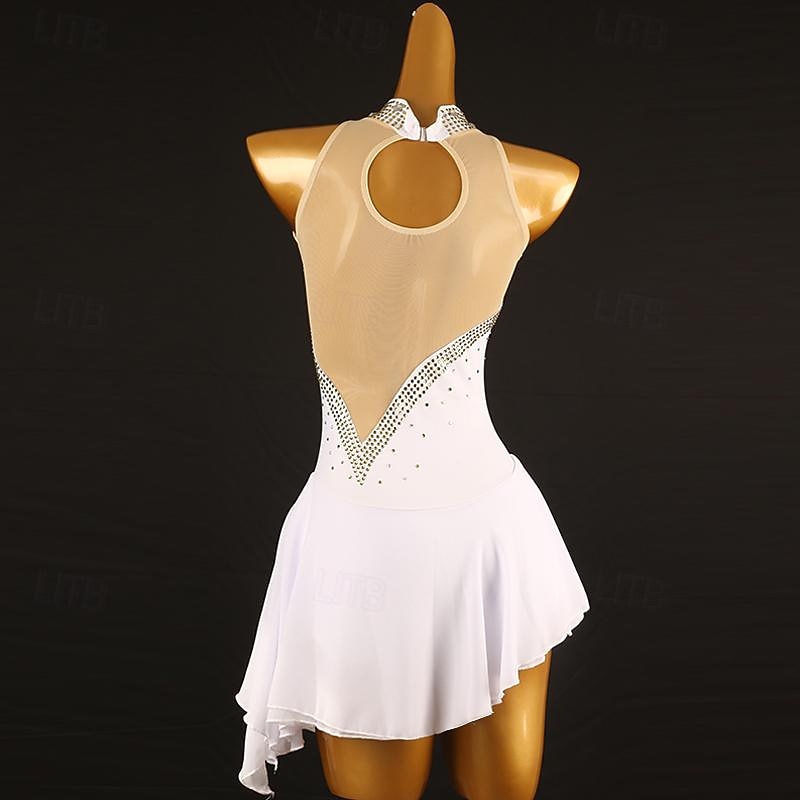 Figure Skating Dress Women's Girls' Ice Skating Dress White Burgundy Dark Navy Patchwork Mesh Spandex High Elasticity Training Practice Professional Skating Wear Classic Crystal / Rhinestone4
