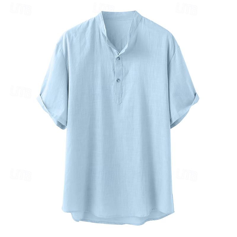 Men's Shirt Chinese Collar Shirt Mandarin Collar Shirt Casual Shirt Cotton Linen Shirt Plain Vacation Street Black Khaki Gray Light Blue Short Sleeve Band Collar Summer Clothing Apparel Button-Down2