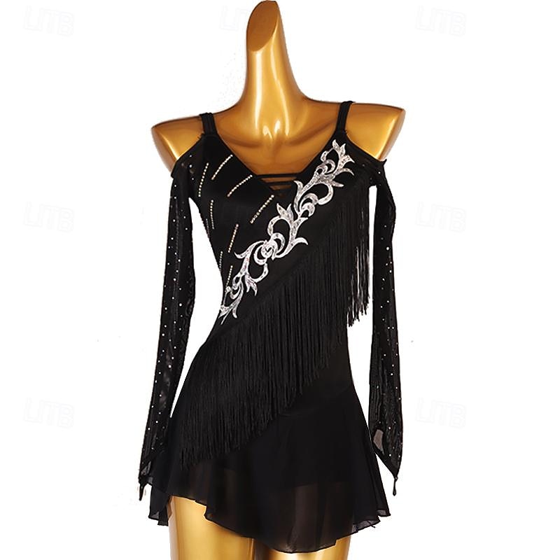 Figure Skating Dress Women's Girls' Ice Skating Dress Black Patchwork Tassel Mesh Spandex High Elasticity Training Practice Professional Skating Wear Classic Crystal / Rhinestone Long Sleeve Ice