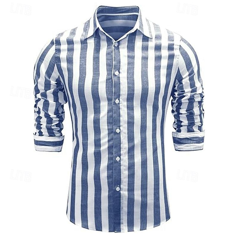 Men's Shirt Linen Shirt Casual Shirt Cotton Shirt Striped Shirts Stripes Vacation Hawaiian Yellow Red Navy Blue Blue Long Sleeve Lapel Spring &  Fall Clothing Apparel Button-Down2