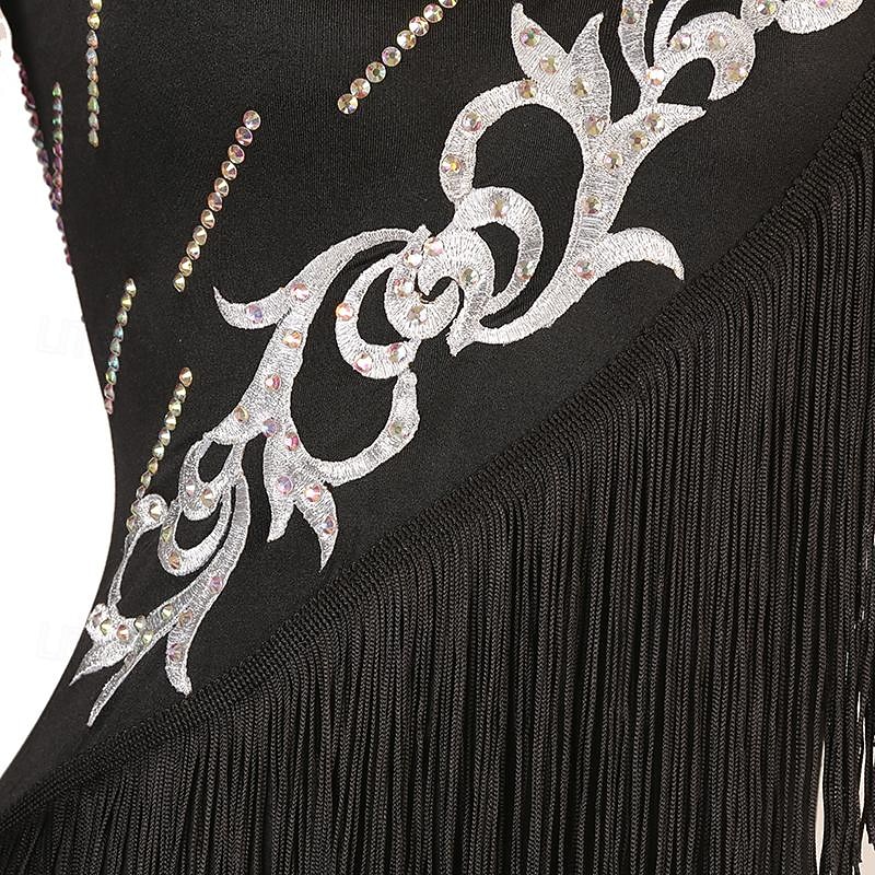 Figure Skating Dress Women's Girls' Ice Skating Dress Black Patchwork Tassel Mesh Spandex High Elasticity Training Practice Professional Skating Wear Classic Crystal / Rhinestone Long Sleeve Ice4