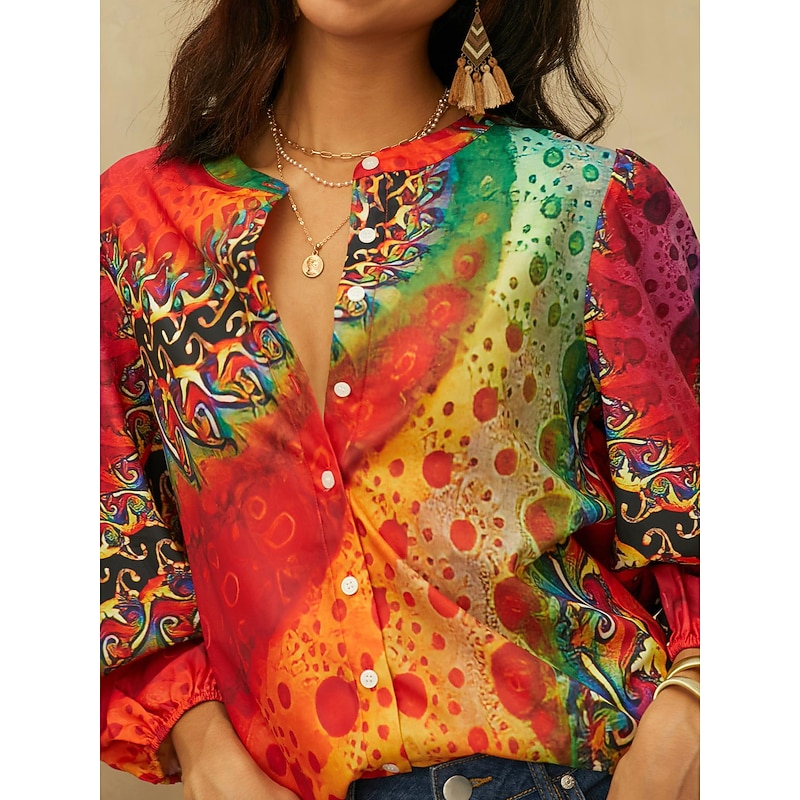 Women's Shirt Long Sleeve Button Down Blouse Daily Basic Neon & Bright Buttons Print Regular Tops V Neck Casual Yellow Orange Fall & Winter4