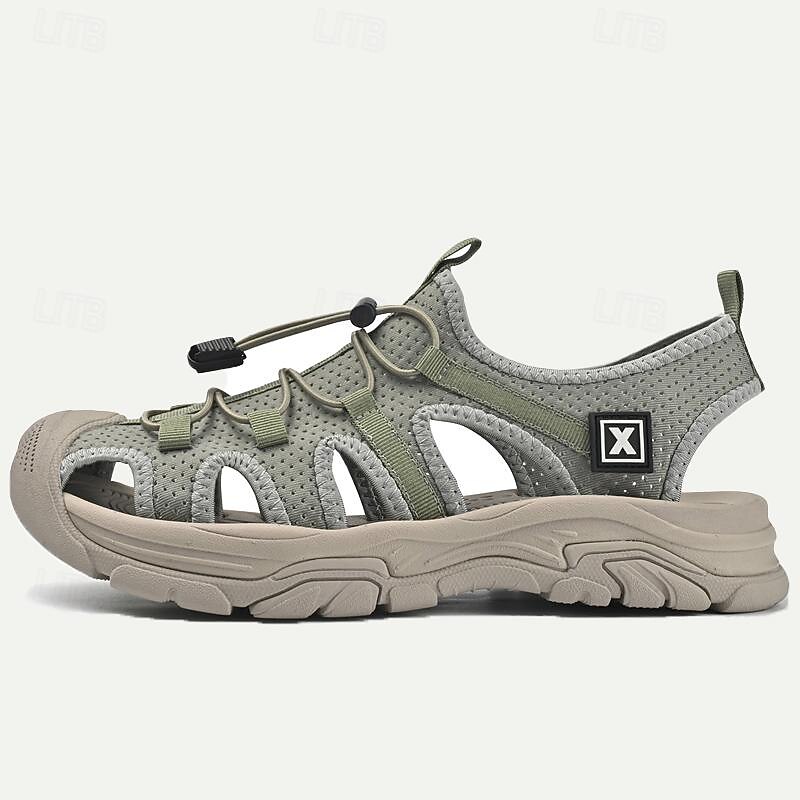 Men's Sandals Sports Sandals Hiking Casual Beach Fabric Mesh Breathable Comfortable Slip Resistant Magic Tape Loafer Black Light Green3