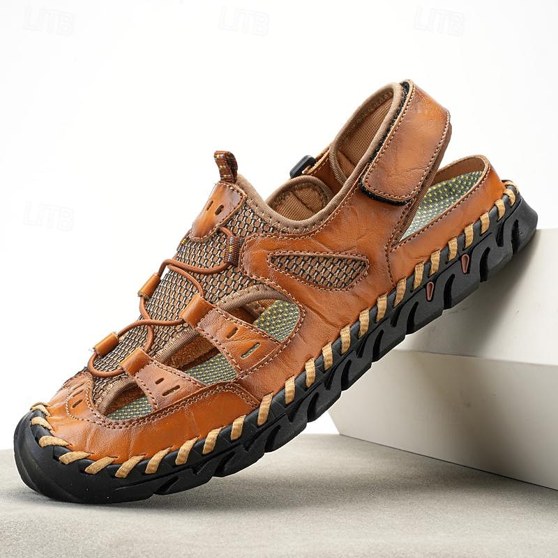 Men's Sandals Handmade Shoes Split Leather Breathable Comfortable Slip Resistant Lace-up Yellow-Brown Black Brown